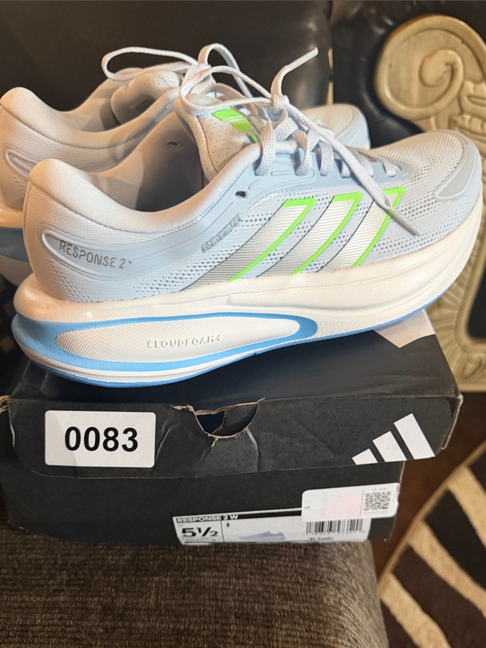 adidas Light Gray Running Shoes with Neon Green Stripes